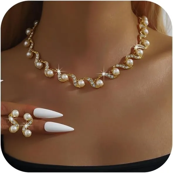 Rhinestone Pearl Bridal Necklace Earring Set Silver Crystal Necklaces Earrings Jewelry Set Bride Bridesmaid Jewelry Accessories for Women