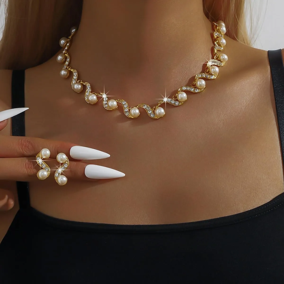 Rhinestone Pearl Bridal Necklace Earring Set Silver Crystal Necklaces Earrings Jewelry Set Bride Bridesmaid Jewelry Accessories for Women