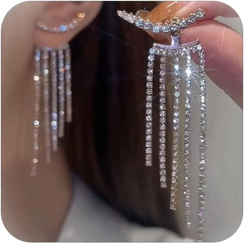 Rhinestone Tassel Earrings for Women Sparkly Long Tassel Earrings Prom Earrings Bling Crystal Chandelier Earrings Wedding Party Prom Dress Outfit Jewerly Gifts