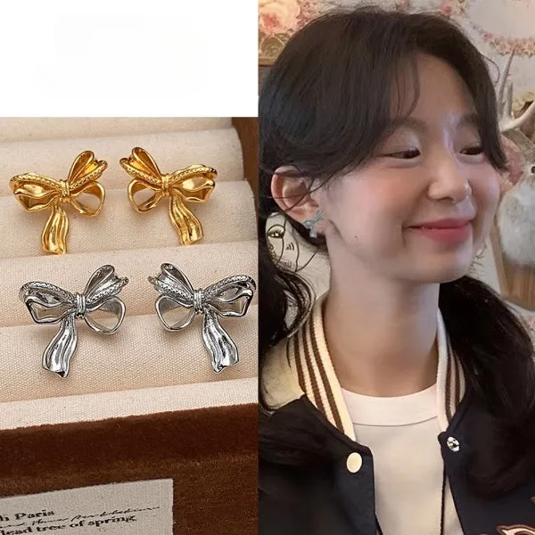 Ribbon Bow Brooch Gold Pin Earrings JLT12677