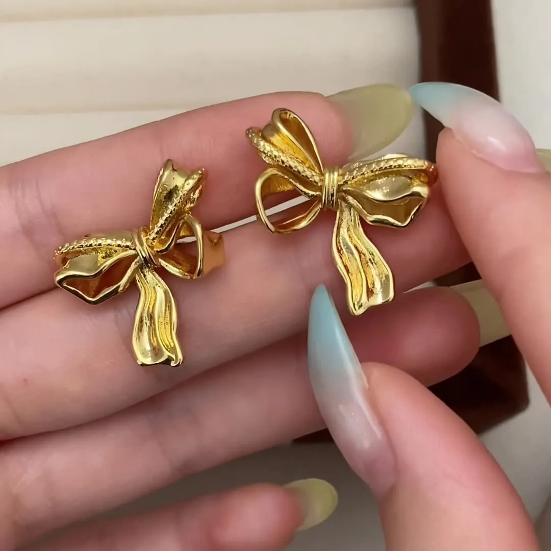 Ribbon Bow Brooch Gold Pin Earrings JLT12677