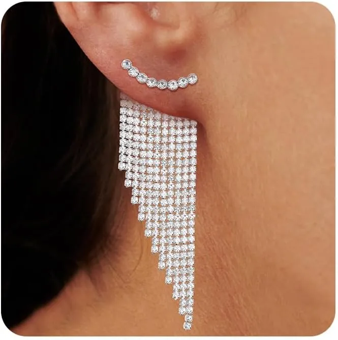 Ritach Gold Tassel Dangle Earrings for Women 925 Sterling Silver Post Long Dangle Statement Earrings Hypoallergenic Sparkly Fringe Earrings for Prom Party