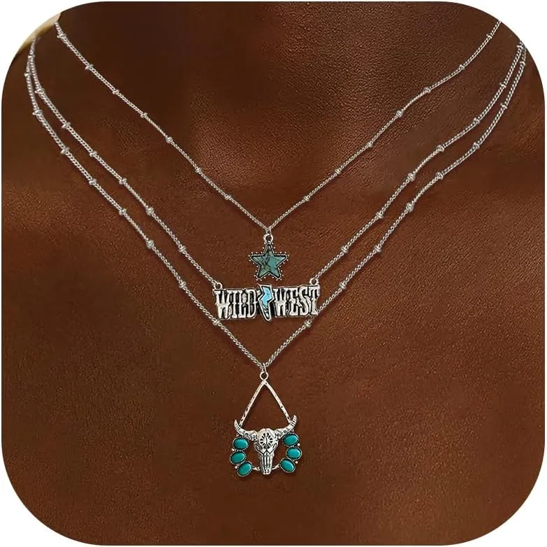 Roe Dolph Western Turquoise Layered Necklaces Boho Stackable Chain Necklace Western Cowgirl Jewelry Country Concert Accessories Outfits