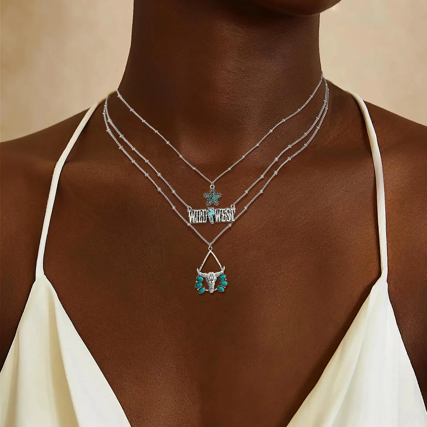 Roe Dolph Western Turquoise Layered Necklaces Boho Stackable Chain Necklace Western Cowgirl Jewelry Country Concert Accessories Outfits
