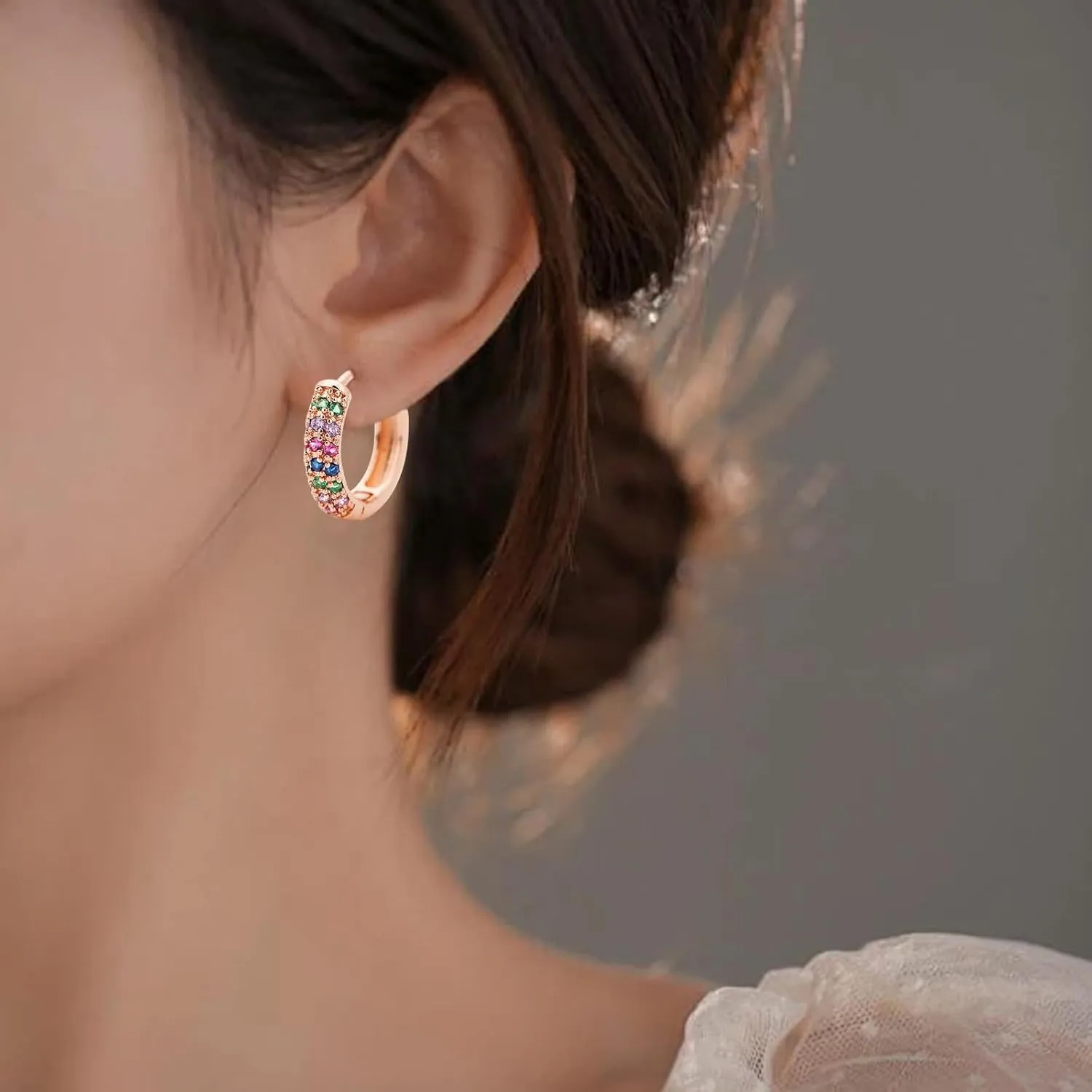 Rose Earring Cuff Small Hoop Earrings For Women Trendy Gold Plated Lightweight Cubic Zirconia Chunky Cartilage Huggie Hoop Earrings Gold Jewelry For Women Earrings Set