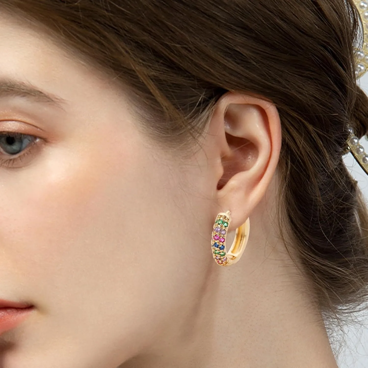 Rose Earring Cuff Small Hoop Earrings For Women Trendy Gold Plated Lightweight Cubic Zirconia Chunky Cartilage Huggie Hoop Earrings Gold Jewelry For Women Earrings Set