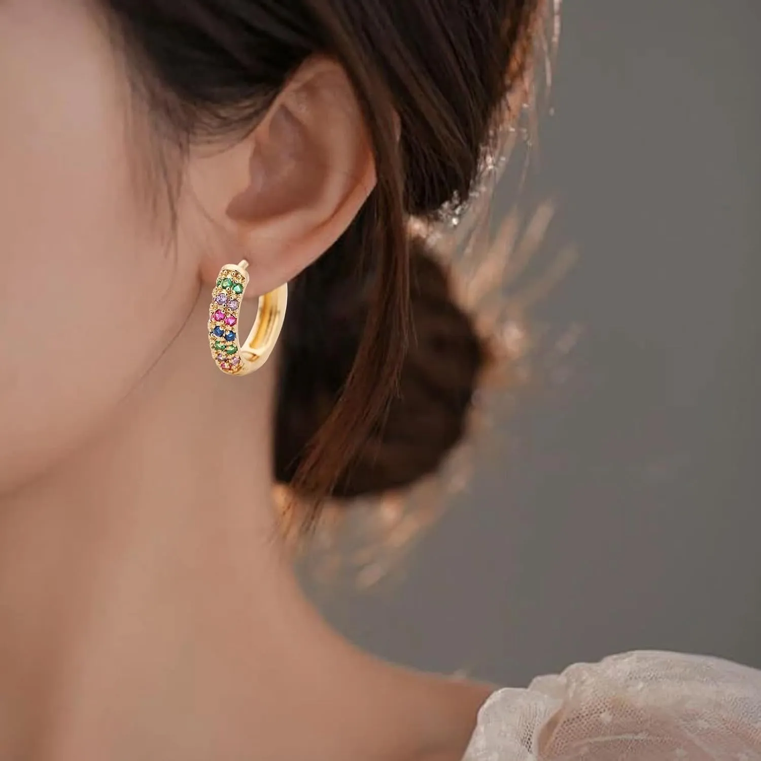 Rose Earring Cuff Small Hoop Earrings For Women Trendy Gold Plated Lightweight Cubic Zirconia Chunky Cartilage Huggie Hoop Earrings Gold Jewelry For Women Earrings Set