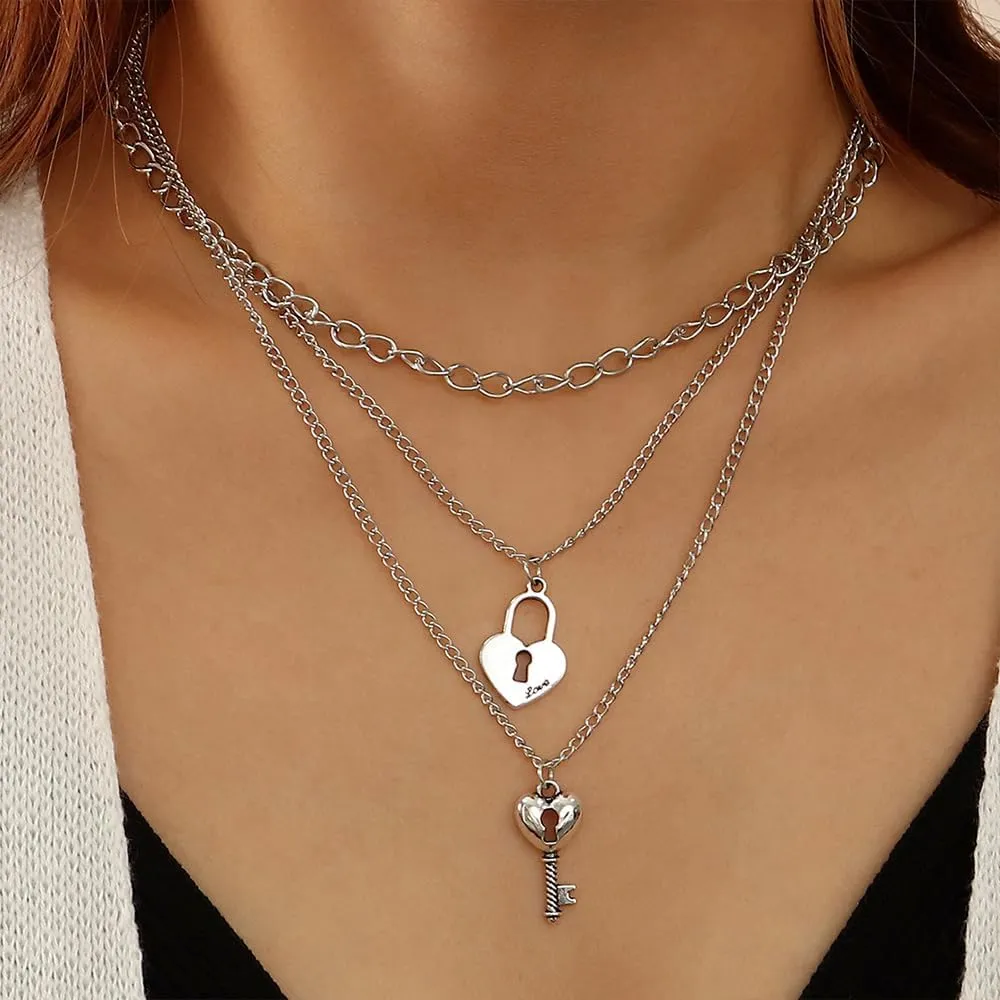 Rrdaily Delicate Key Lock Layered Necklace 3 Layer Lock Key Pendant Necklace for Women Fashion Valentine'S Day Jewelry