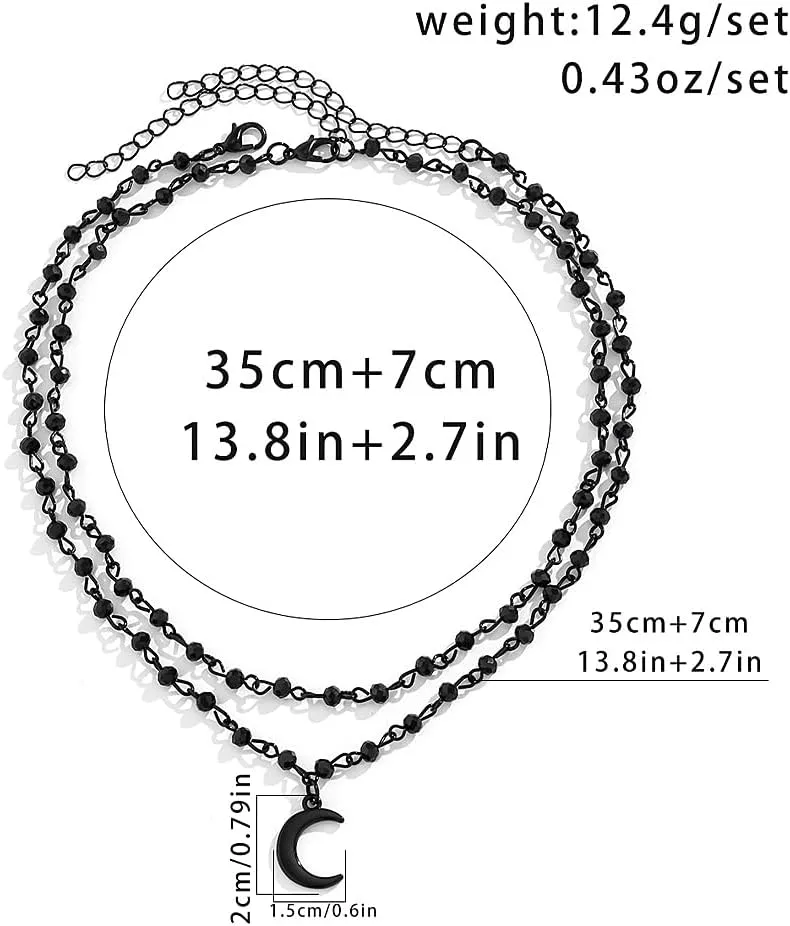 Rrdaily Gothic Layered Beaded Necklaces for Women, Goth Black Bead Choker Moon Star Cross Pendant Necklaces,Adjustable Punk Halloween Jewelry Gifts
