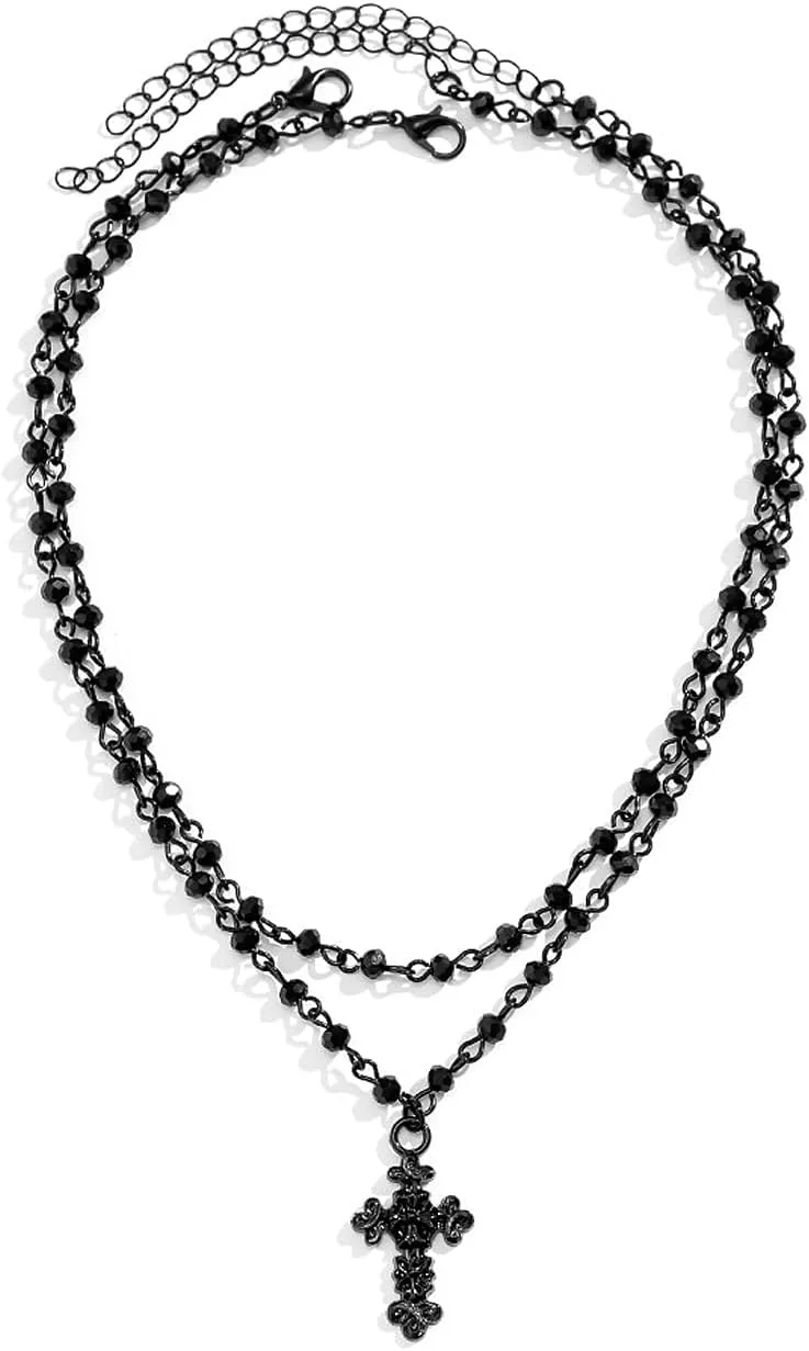 Rrdaily Gothic Layered Beaded Necklaces for Women, Goth Black Bead Choker Moon Star Cross Pendant Necklaces,Adjustable Punk Halloween Jewelry Gifts
