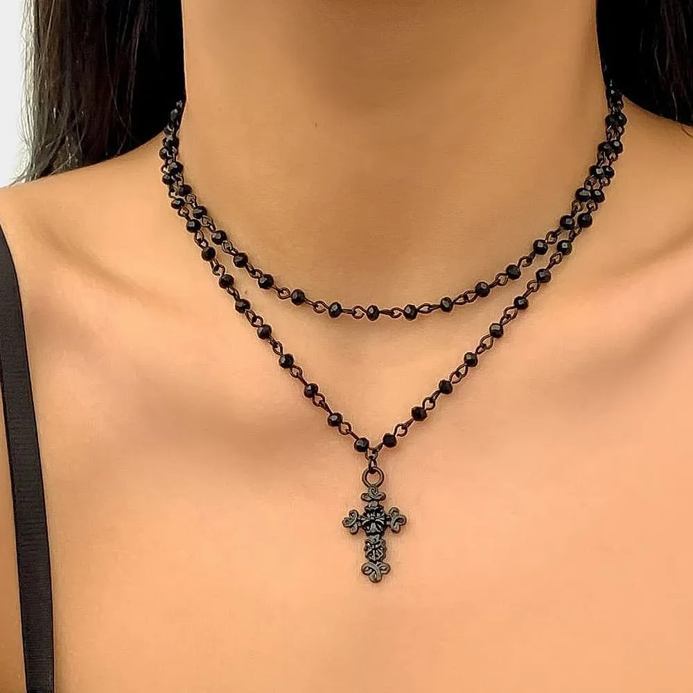 Rrdaily Gothic Layered Beaded Necklaces for Women, Goth Black Bead Choker Moon Star Cross Pendant Necklaces,Adjustable Punk Halloween Jewelry Gifts