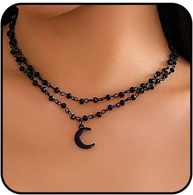 Rrdaily Gothic Layered Beaded Necklaces for Women, Goth Black Bead Choker Moon Star Cross Pendant Necklaces,Adjustable Punk Halloween Jewelry Gifts