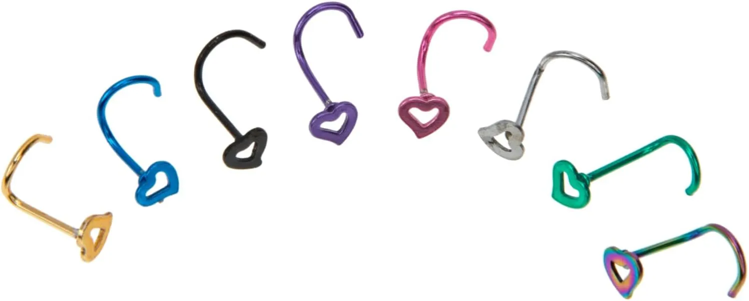 Screw Nose Rings 8pcs Stainless Steel Nose Piercing Jewelry Heart Shape