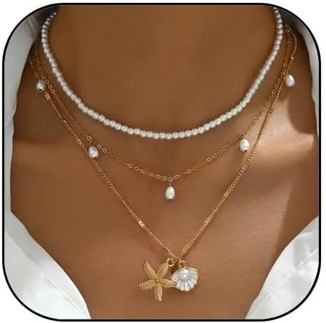 Seashell Necklace for Women Gold Starfish Necklace Layered Beach Necklaces Starfish Shell Pearl Charm Necklaces for Women Summer Beach Vacation Jewelry