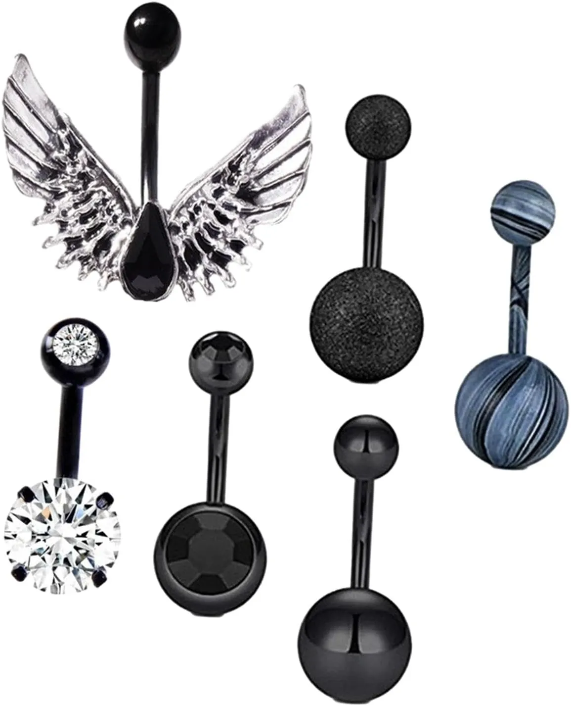 Set of 6 Navel Rings Stainless Steel Black 10mm Short for Women Belly Piercing