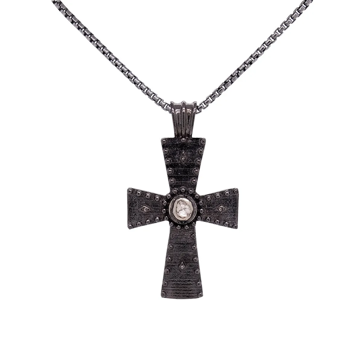 Silver and Black Rhodium Raw Diamond Studded Cross