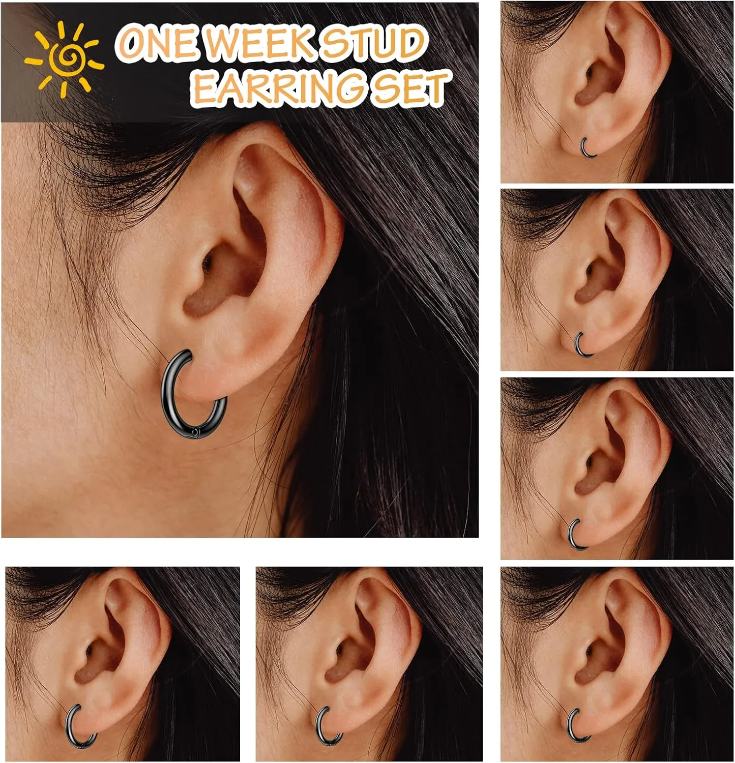 Silver Gold Black Stud Earrings Set 7Pairs Hypoallergenic Cubic Zirconia Titanium Stainless Steel Silver Rose Gold Black CZ Cartilage Stud Earrings Jewelry Sets for Women Men, 2-8mm CZ Studs Earrings