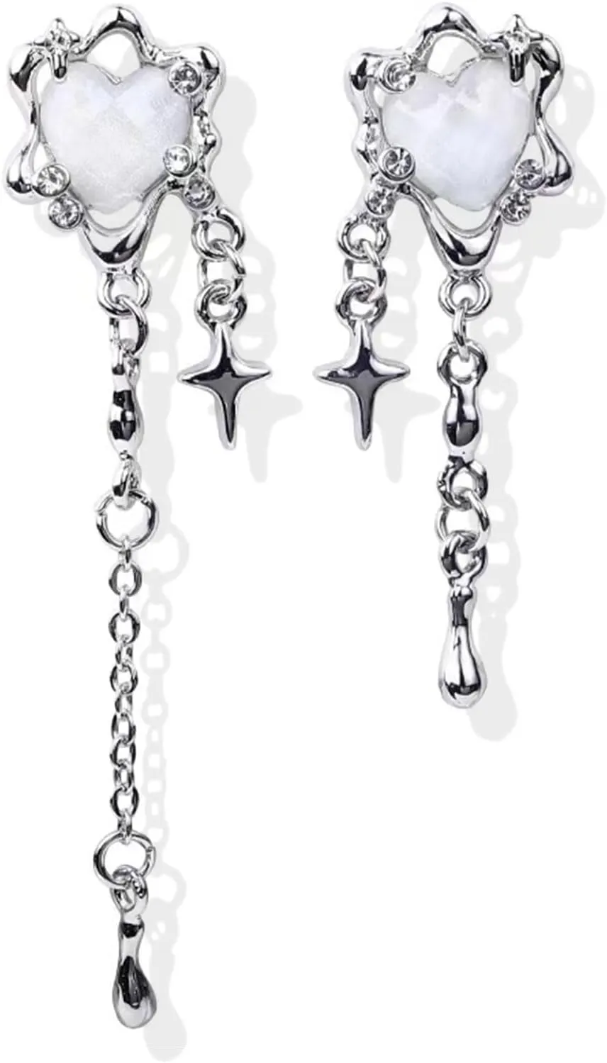 Silver Tassel Earrings for Women Heart Dangling Earrings Stainless Steel Dangle Earrings Love Heart Earrings Star Dangle Earrings Jewelry Gift for women(Silver)