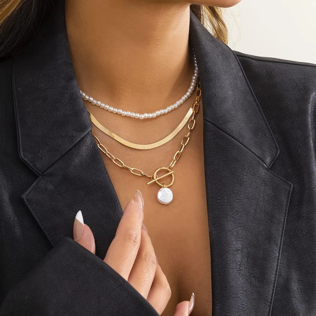 Simulated Pearls Choker Necklace For Women Multi Layer Flat Snake Chain Necklaces Geometric Jewelry (Silver Color)