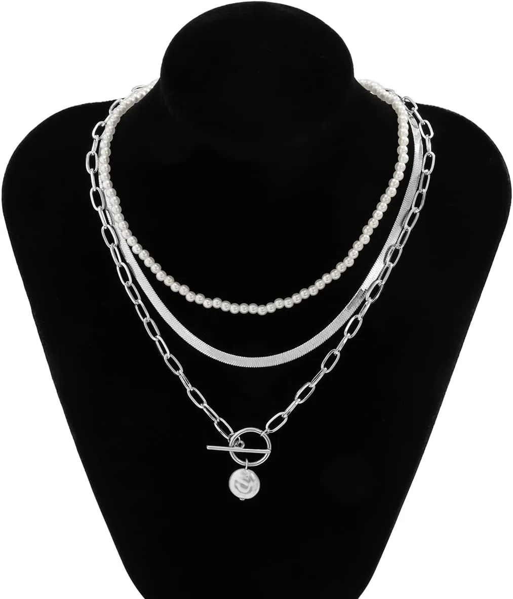 Simulated Pearls Choker Necklace For Women Multi Layer Flat Snake Chain Necklaces Geometric Jewelry (Silver Color)
