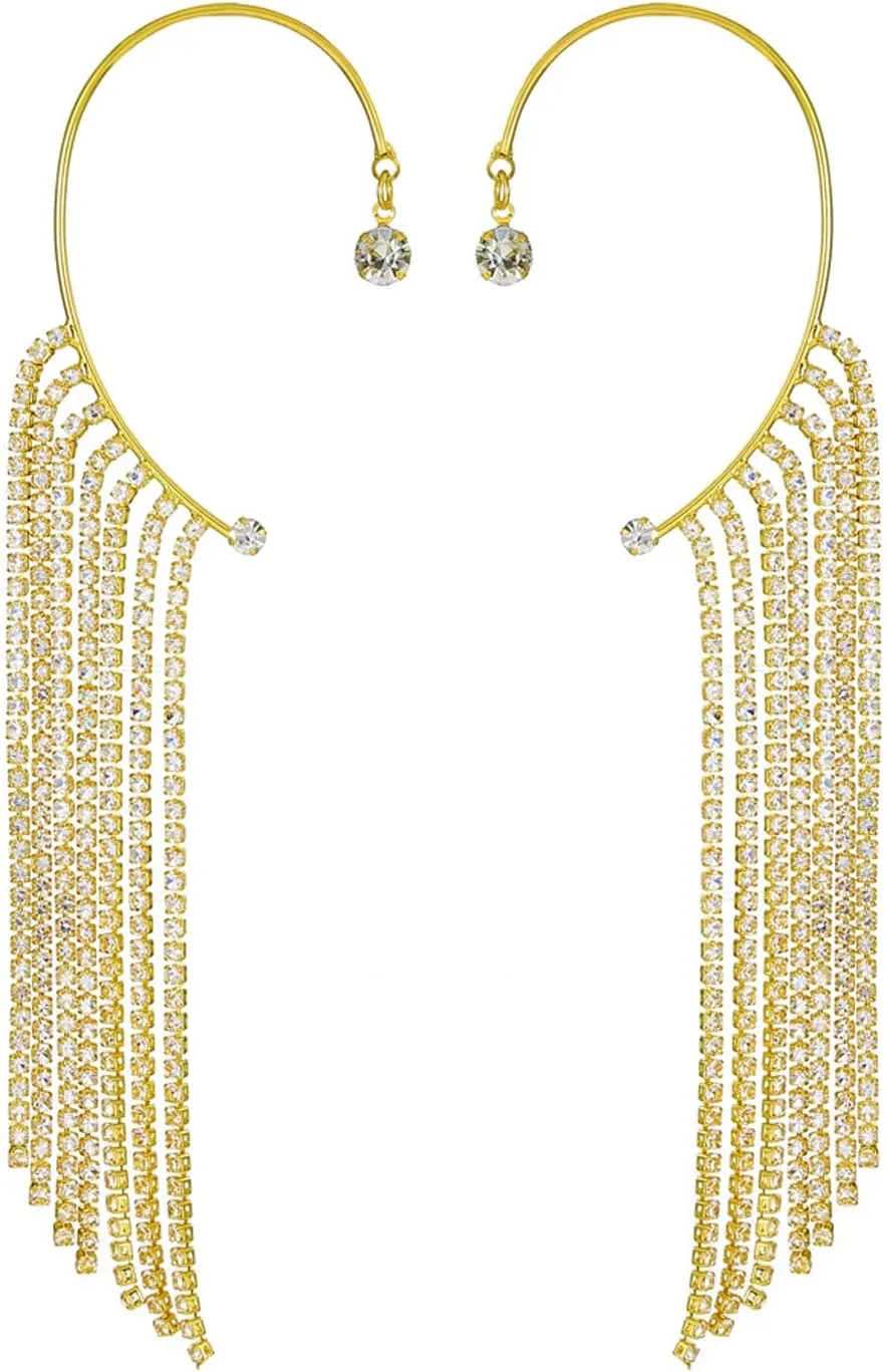 Sparkling Crystal Tassel Earrings Long Tassel Ear Cuff Dangle Chain Earrings Ear Crawler Earrings No piercing Earrings Dangle Ear Cuff Earrings Jewelry