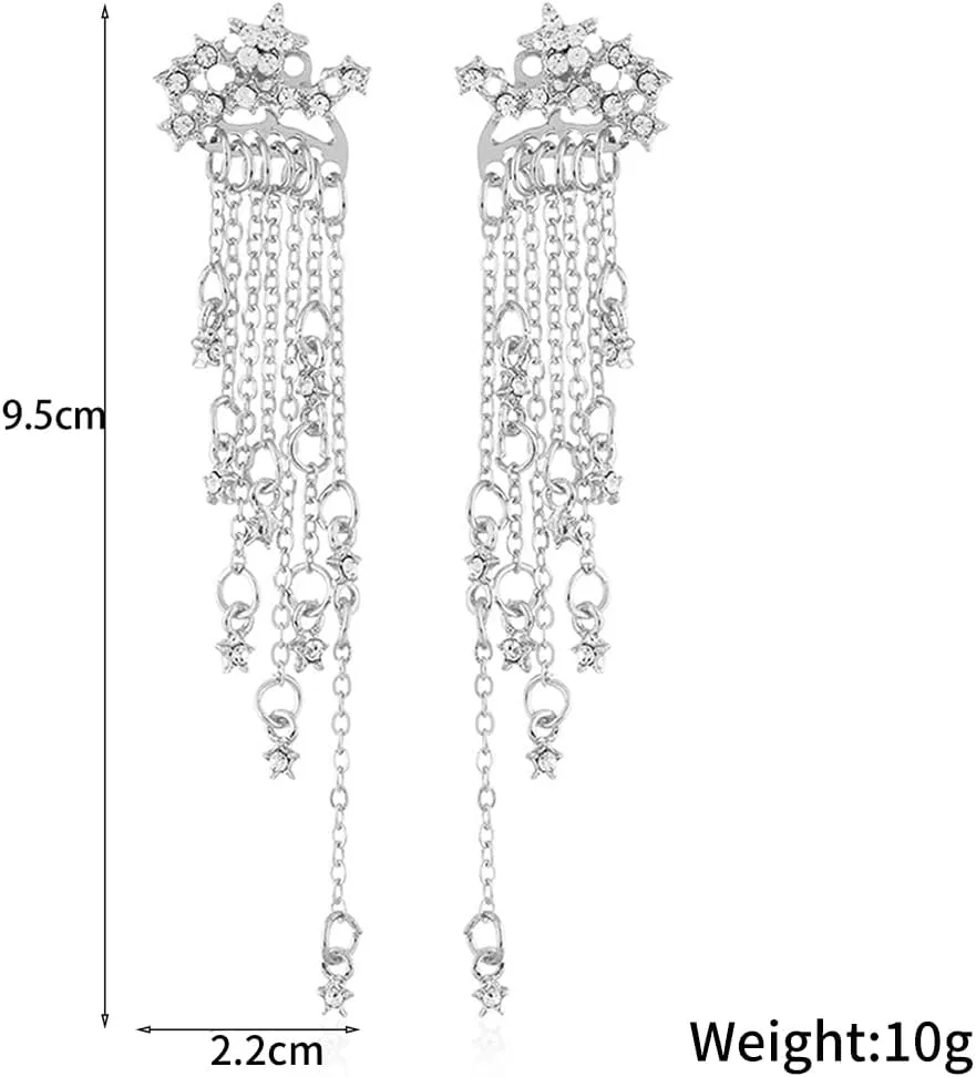 Sparkling Rhinestone Star Chandelier Earrings for Wome Irregular Cubic Zirconia Long Tassel Chain Front Back Earrings Trendy Wedding Jewelry Gift