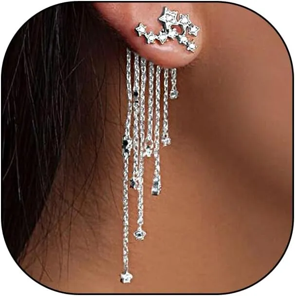 Sparkling Rhinestone Star Chandelier Earrings for Wome Irregular Cubic Zirconia Long Tassel Chain Front Back Earrings Trendy Wedding Jewelry Gift