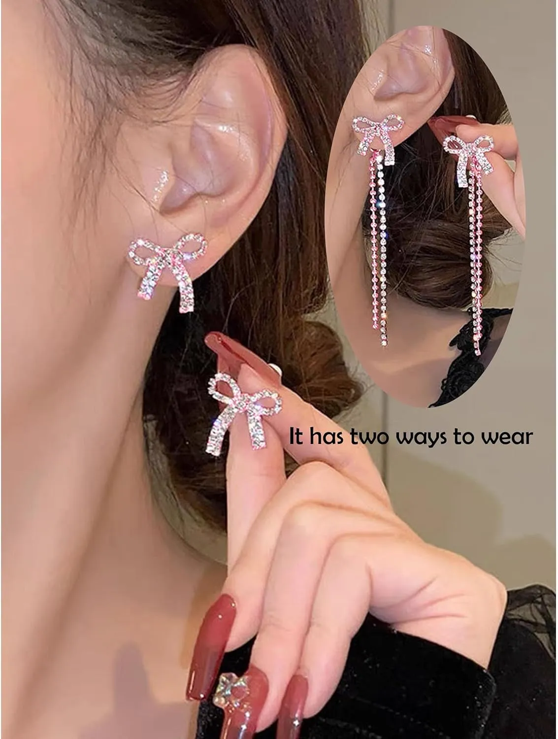 Sparkly Bow Earrings for Women Trendy Rhinestone Chain Tassel Earrings Dangle Jewelry for Wedding Prom Brides Bridesmaid Outfits Christmas Gifts 2024