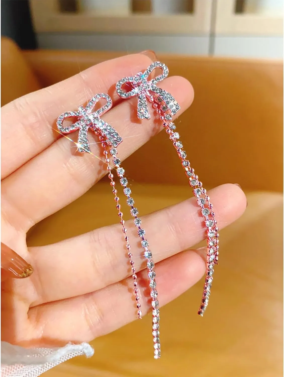 Sparkly Bow Earrings for Women Trendy Rhinestone Chain Tassel Earrings Dangle Jewelry for Wedding Prom Brides Bridesmaid Outfits Christmas Gifts 2024