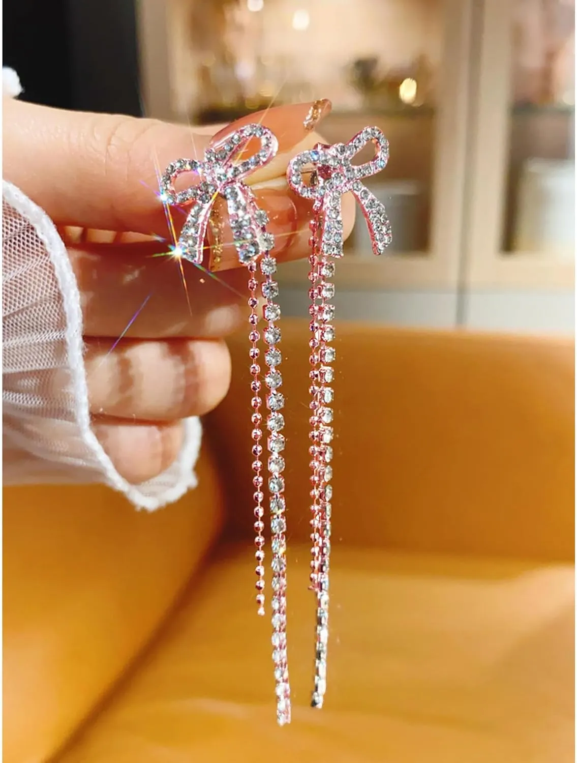Sparkly Bow Earrings for Women Trendy Rhinestone Chain Tassel Earrings Dangle Jewelry for Wedding Prom Brides Bridesmaid Outfits Christmas Gifts 2024