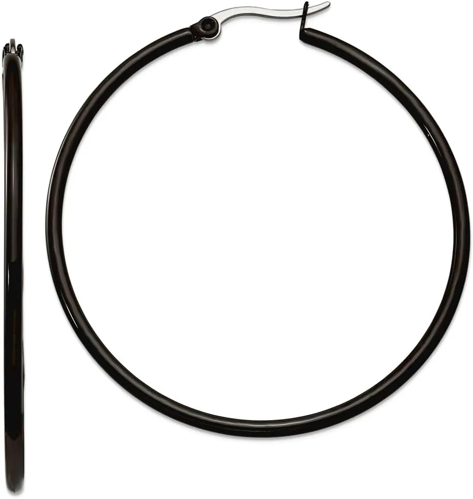 Stainless Steel Polished Hinged hoop Black Plated 48mm-Hoop Earrings 48x2mm Wide-Hoop Earring for Women
