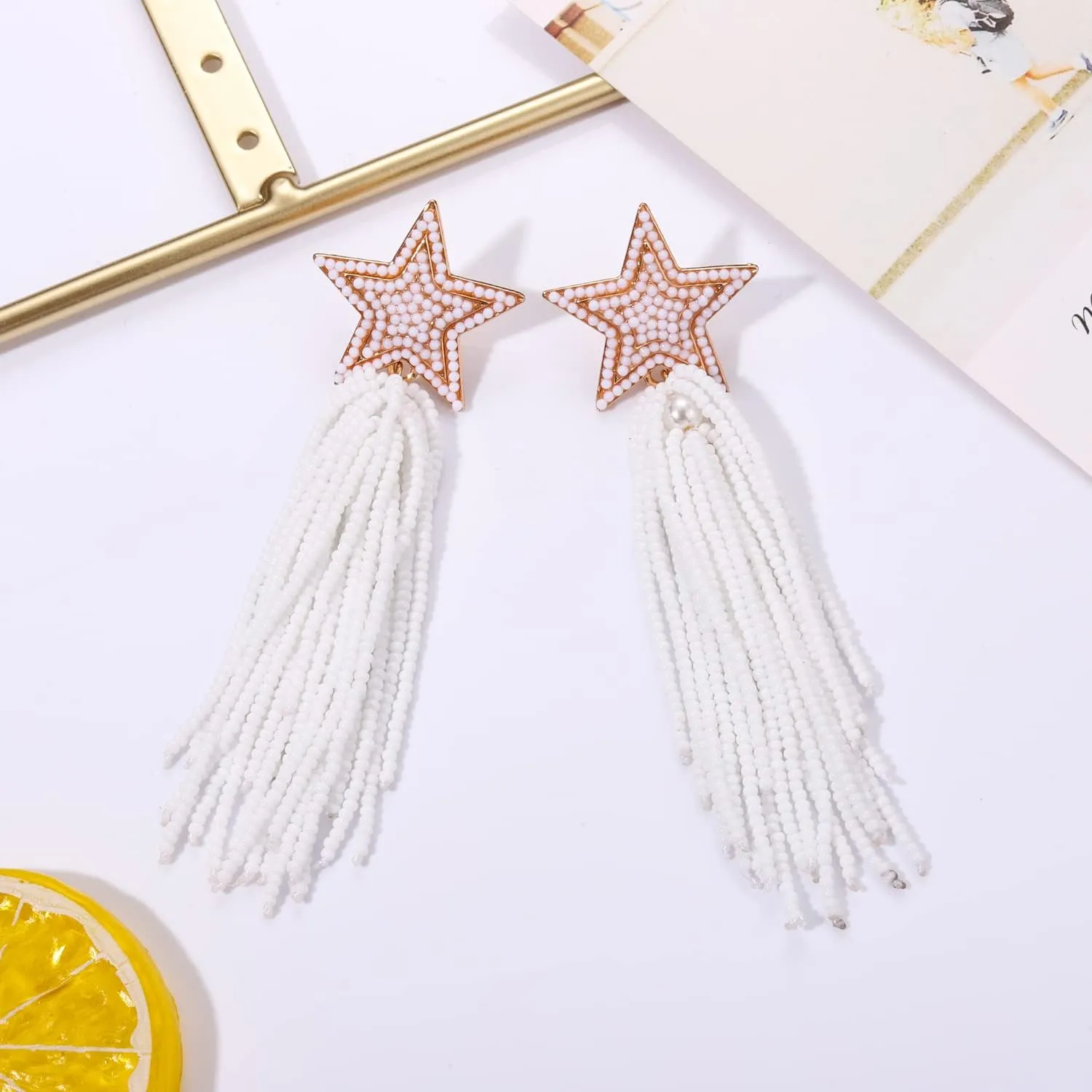 Star Earrings Dangling for Women Beaded Star Tassel Drop Earrings Handmade Statement Bohemian Waterfall Earrings Party Concert Costume Accessory Gift