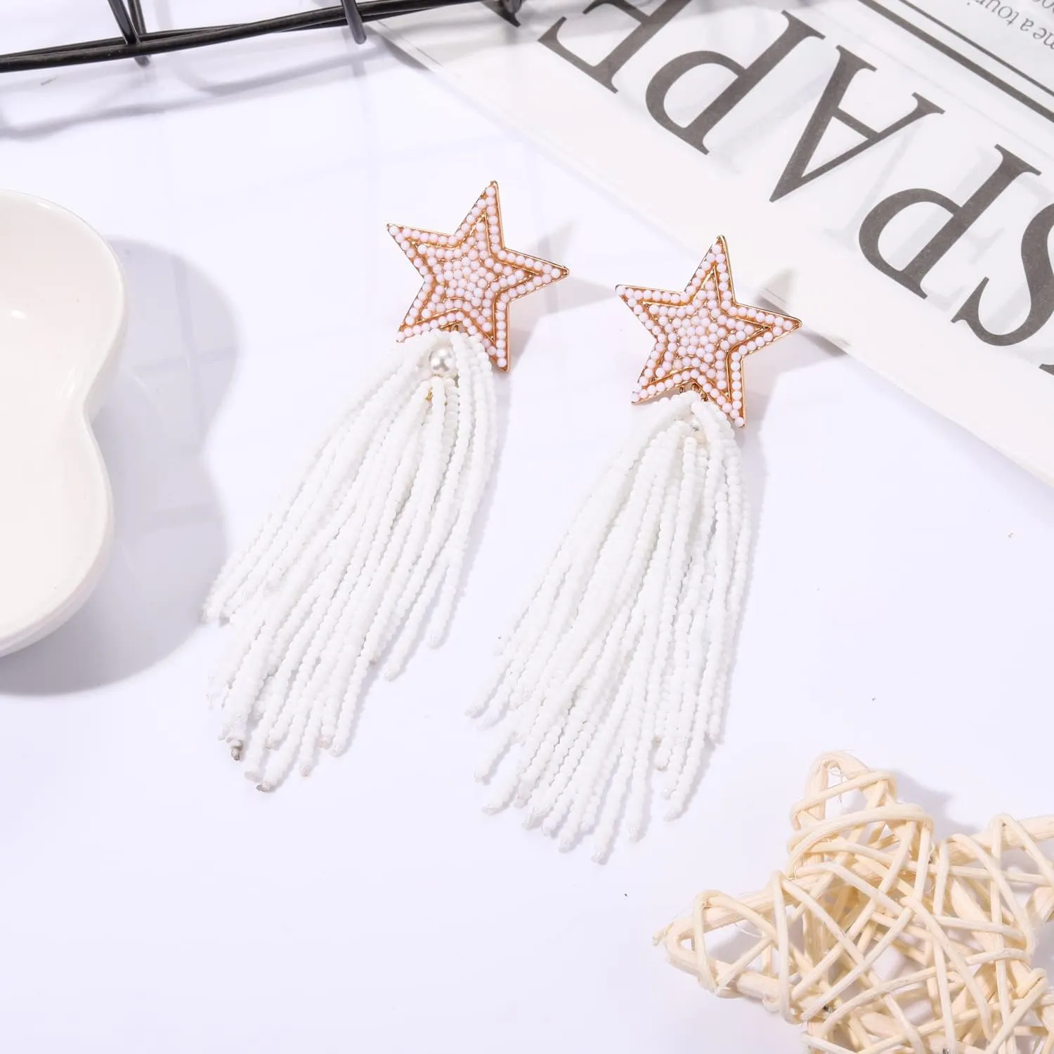 Star Earrings Dangling for Women Beaded Star Tassel Drop Earrings Handmade Statement Bohemian Waterfall Earrings Party Concert Costume Accessory Gift