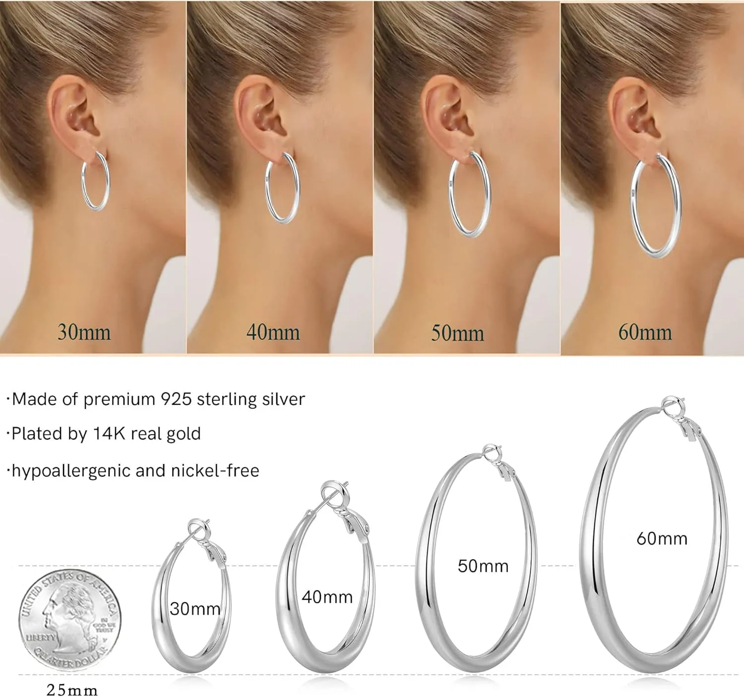 Sterling Silver Hoop Earrings for Women - Large Thick Hypoallergenic Big S925 Silver Earrings Jewelry