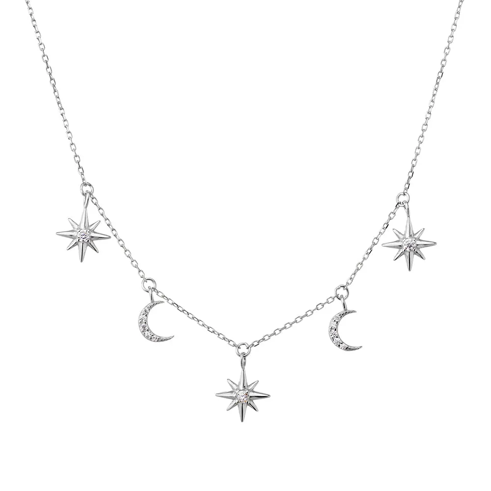 Sterling Silver Necklace - CZ Star and Moon