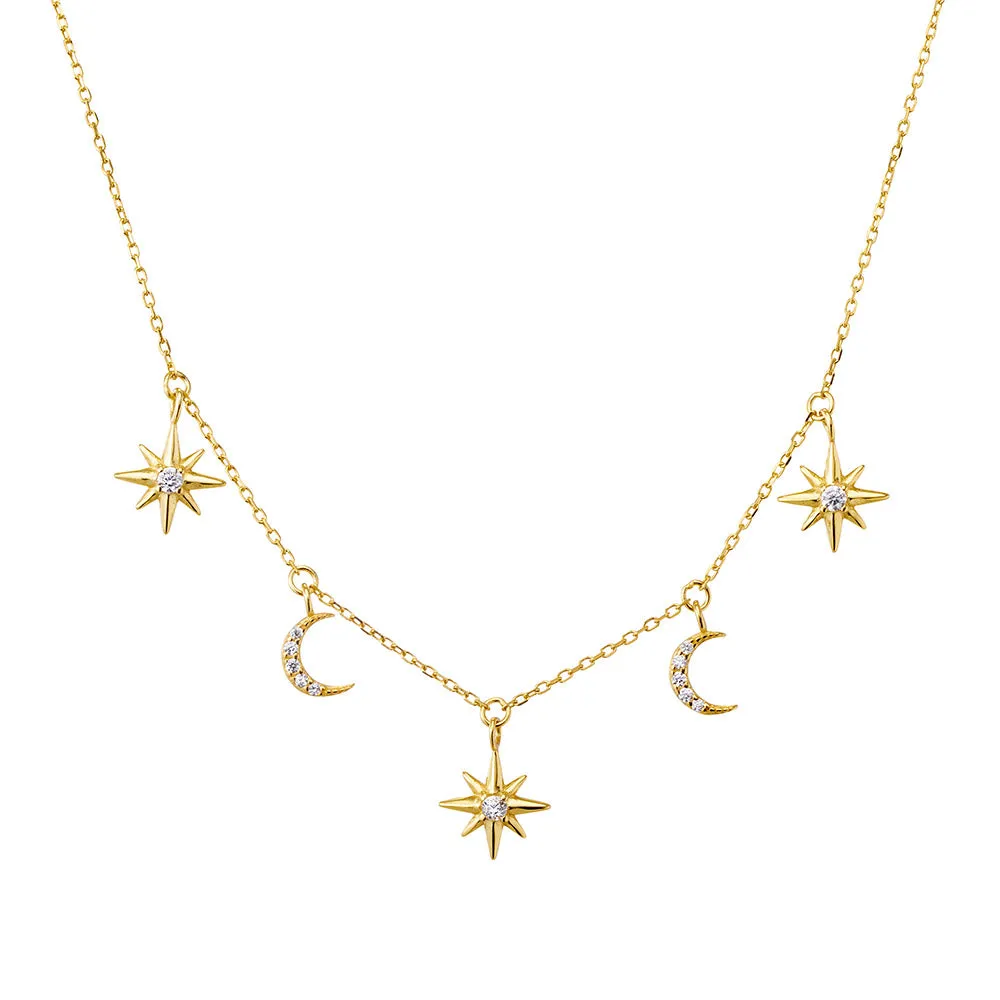 Sterling Silver Necklace - CZ Star and Moon
