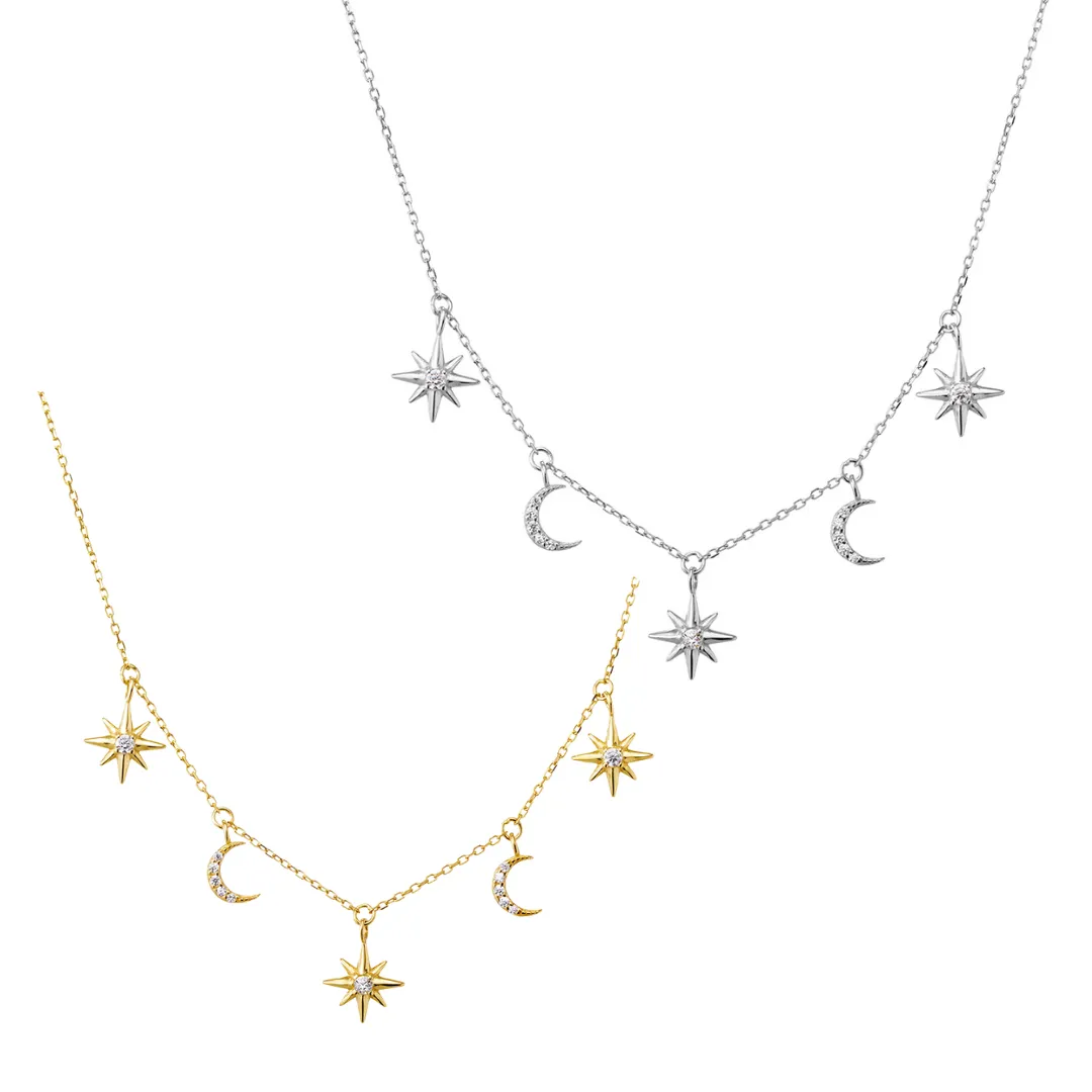 Sterling Silver Necklace - CZ Star and Moon