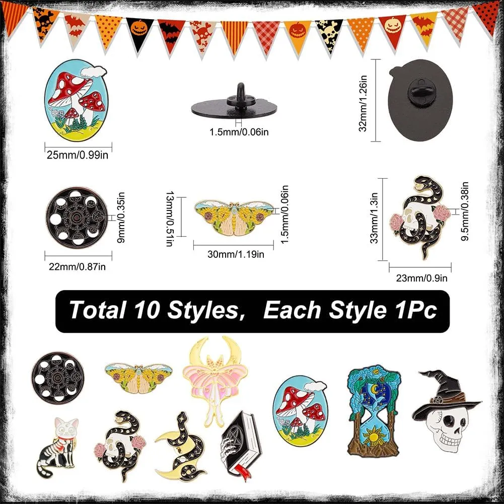 SUNNYCLUE 1 Box 10Pcs Halloween Enamel Pin Set Gothic Style Moth Lapel Pins Skull Skeleton Head Lapel Brooch Bulk Moon Snake Mushroom Black Cat Lapel Brooches for Men Women Jackets Backpack Hat Decor