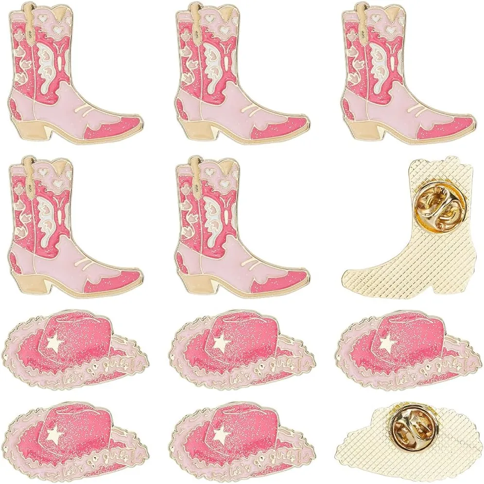 SUNNYCLUE 12Pcs 2 Styles Cowboy Hat Enamel Pin Western Lapel Pin Alloy Pink Cowgirl Boot Shoes Retro Rustic Farm Metal Small Craft Brooches for Backpacks Bags Clothes Hats Shirts Tie DIY Decoration