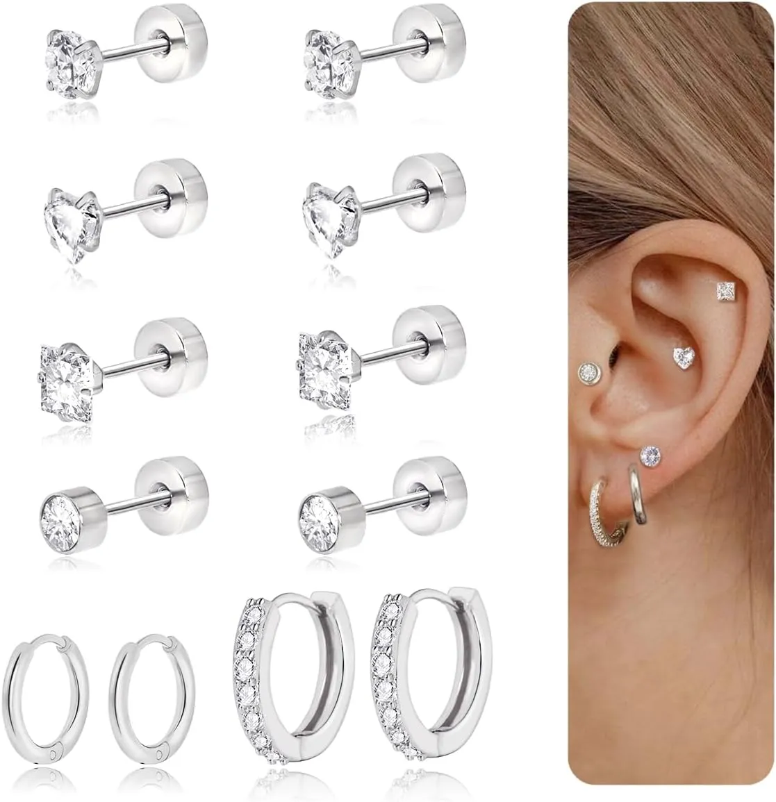 Surgical Steel Earrings for Women Men,Hypoallergenic Titanium Flat Back Earrings for Cartilage,Helix,Tragus,Stainless Steel Cubic Zirconia Huggie Hoop Earrings Sets for Multiple Piercing