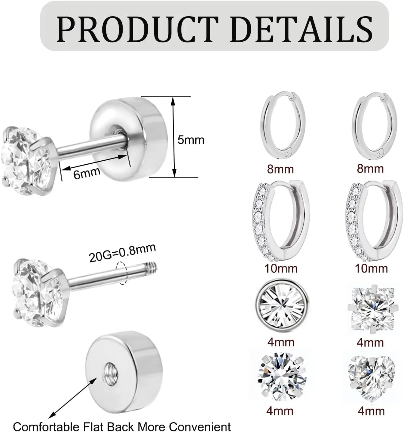 Surgical Steel Earrings for Women Men,Hypoallergenic Titanium Flat Back Earrings for Cartilage,Helix,Tragus,Stainless Steel Cubic Zirconia Huggie Hoop Earrings Sets for Multiple Piercing