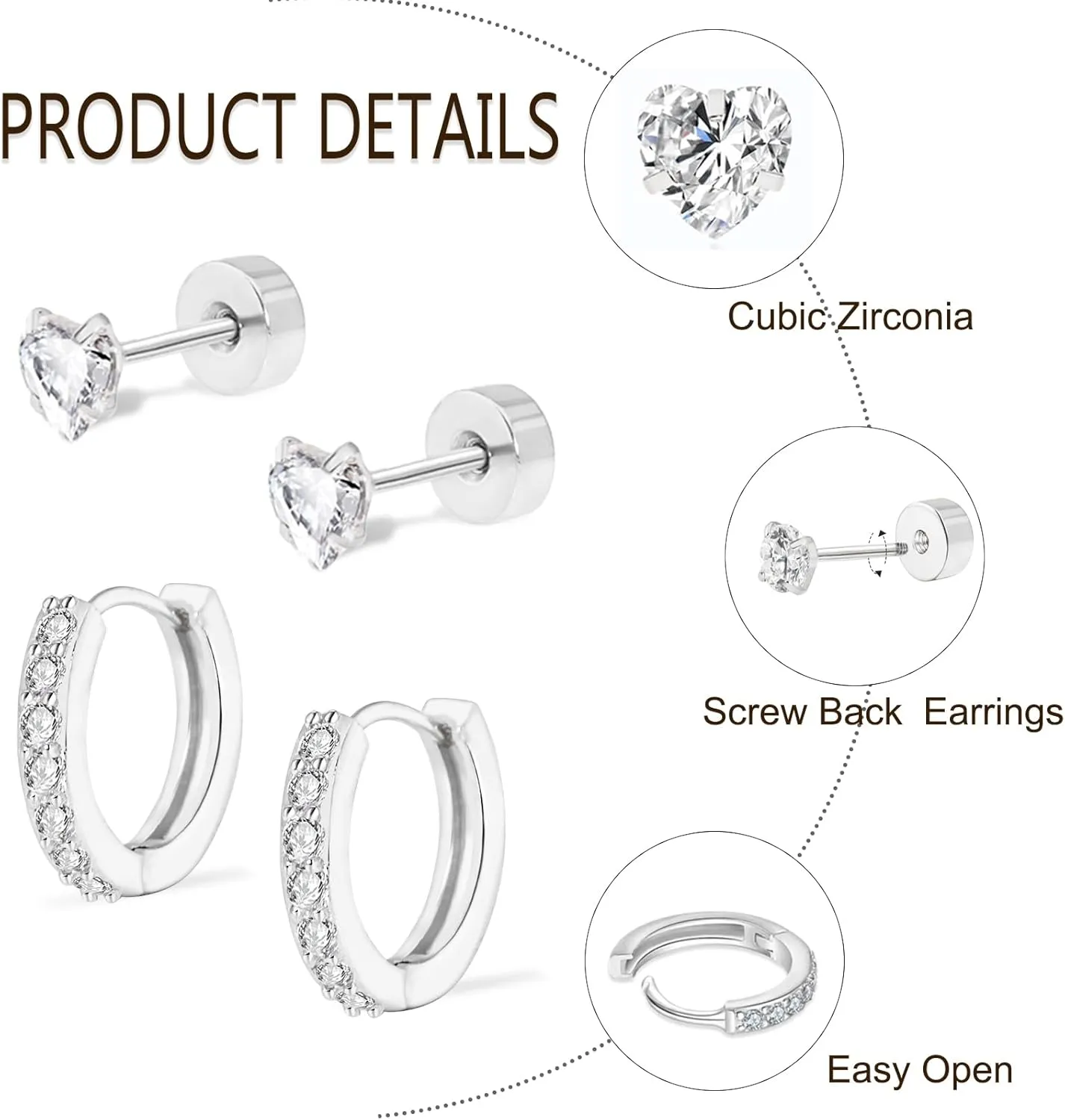 Surgical Steel Earrings for Women Men,Hypoallergenic Titanium Flat Back Earrings for Cartilage,Helix,Tragus,Stainless Steel Cubic Zirconia Huggie Hoop Earrings Sets for Multiple Piercing