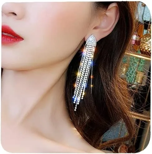 Tassel Earrings Long Chain Earrings for Women Tassel Dangle Drop Earrings Prom Sexy Earrings Long Crystal Fringe Dangle Simple Dainty Earrings