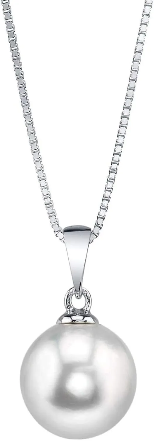 The Pearl Source 8mm White Freshwater Pearl Pendant Sydney Necklace for Women - Cultured Pearl Necklace | Single Pearl Necklace for Women with 925 Sterling Silver Chain