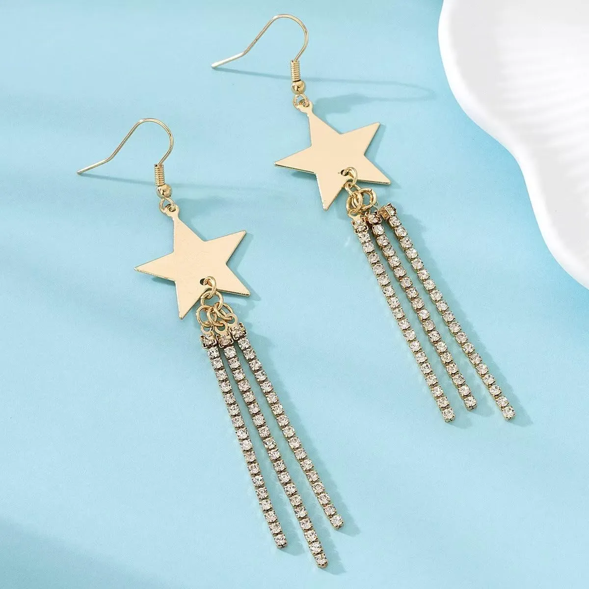 Trendy Gold & Silver Star Hoop & Dangle Earrings - Y2K Fashion Rhinestone Star Tassel Studs - 2024