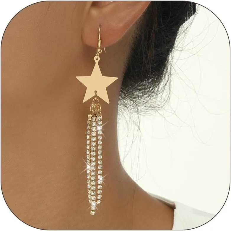 Trendy Gold & Silver Star Hoop & Dangle Earrings - Y2K Fashion Rhinestone Star Tassel Studs - 2024