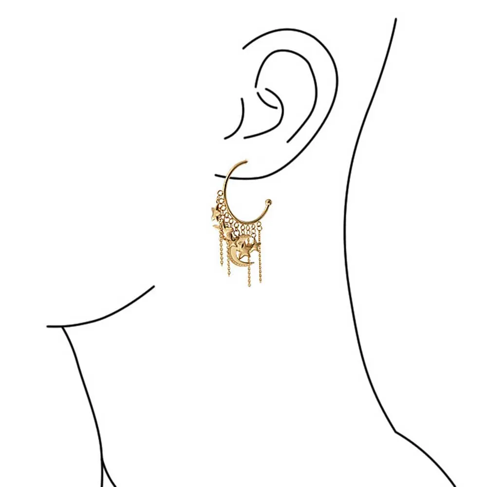 Trendy Moon Stars Dangling Charm Crescent Large Hoop Stud Earrings