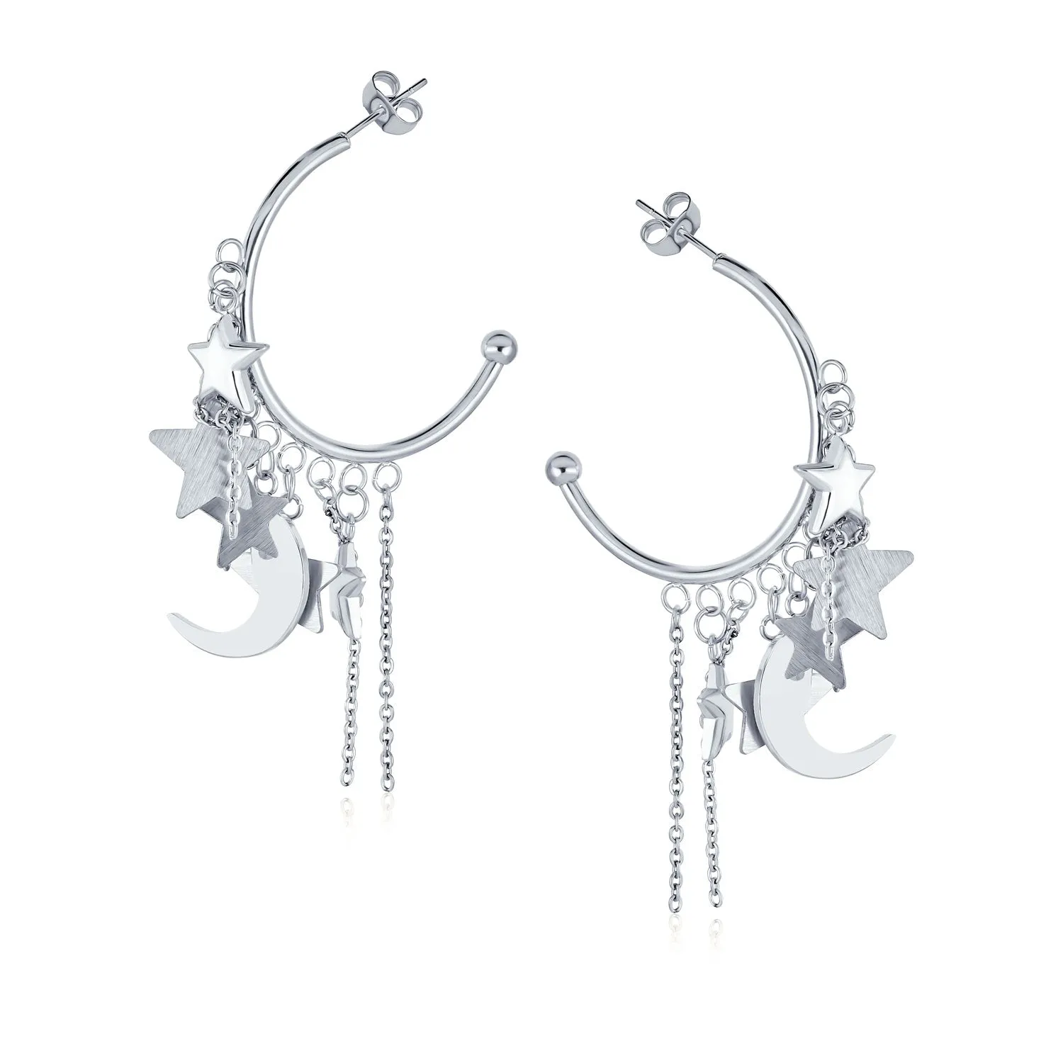 Trendy Moon Stars Dangling Charm Crescent Large Hoop Stud Earrings