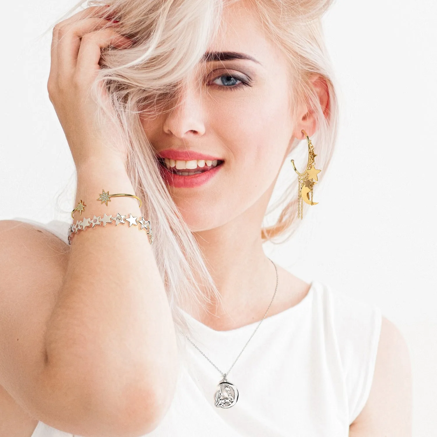 Trendy Moon Stars Dangling Charm Crescent Large Hoop Stud Earrings
