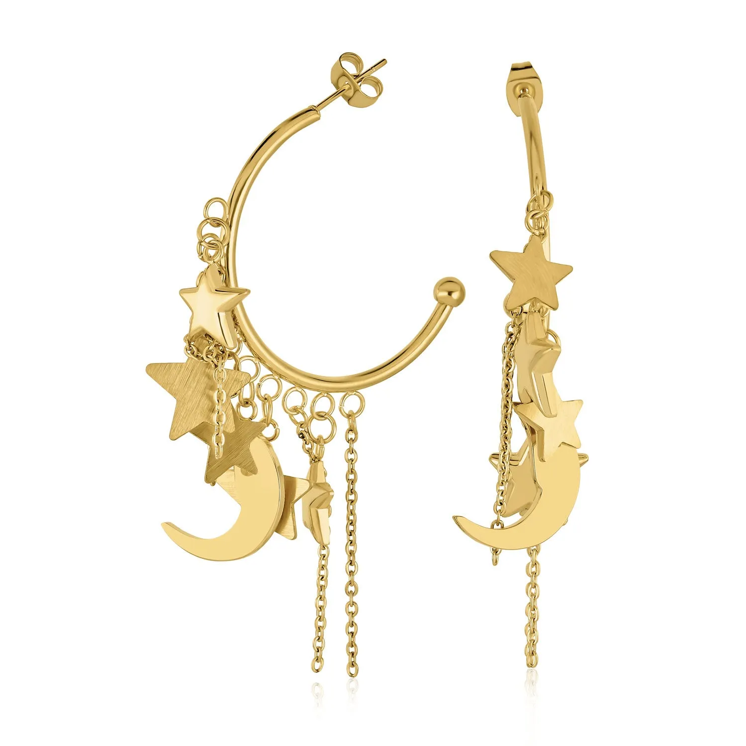 Trendy Moon Stars Dangling Charm Crescent Large Hoop Stud Earrings